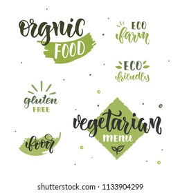 Organic vegetarian food icons set in vector noised doodle style. ECO farm and vegetarian menu tags.