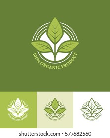 Organic or vegetarian product round emblem with leaves in green colors