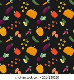 Organic Veggie seamless pattern with fresh cucumber, cherry tomato, eggplant, carrot, beetroot, pumpkin, radish and potato. Hand drawn vector ornament black background