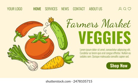 Verduras orgánicas, verduras frescas de granja. Ordene comida natural, productos ecológicos, productos saludables y entrega a domicilio. Plantilla de Vector de página de destino para Sitio web, Web, tienda de comestibles, tienda en línea, mercado de agricultores.