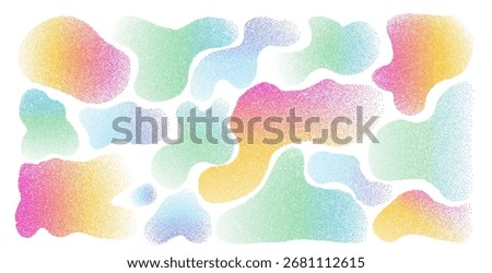 Organic vibrant gradient doodle shapes set. Irregular spray paint figures. Random abstract fluids. Uneven shape splashes. Wavy blob stains. Curvy liquid drops. Vector background design illustration.