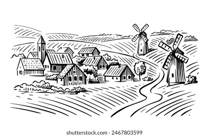 Organic village landscape vector. Country and Fields with Harvest and Mill