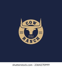 organic vintage longhorn cow ranch animal farm agricultural logo design vector illustration for harvest, farming, and eco farm business
