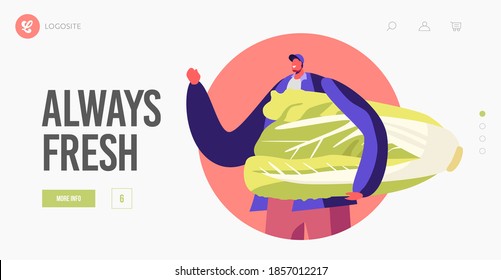 Organic Vitamin Food Nutrition Landing Page Template. Young Man Hold Huge Chinese Cabbage. Healthy Lifestyle, Male Character Deliver Fresh Natural Fortified Products. Cartoon Vector Illustration