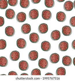 Organisches Vitamin-nahtloses Muster mit zufälligen kleinen abstrakten Wassermelonen-Silhouetten. Einzelbild. Flacher Vektordruck für Textilien, Gewebe, Geschenkpapier, Wallpaper. Endlose Illustration.