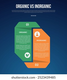 organic vs inogranic infographic for comparison data with creative separate unit shape with modern dark gradient style background with 2 point information vector