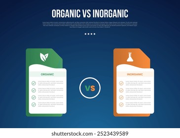 infográfico orgânico vs inogênico para dados de comparação com a caixa de tabela criativa com pilha de estilo de pasta com fundo de estilo gradiente escuro moderno com vetor de informação de 2 pontos