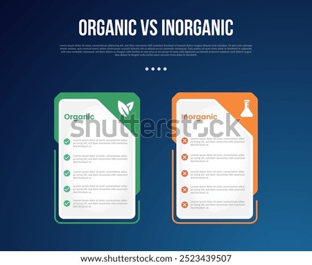 organic vs inogranic infographic for comparison data with creative big table price with badge on header side with modern dark gradient style background with 2 point information vector