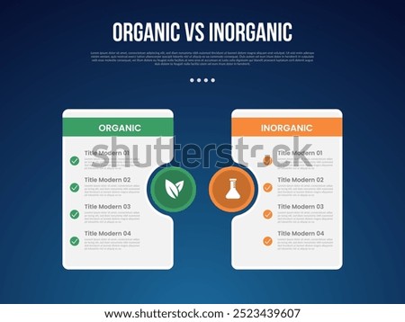 organic vs inogranic infographic for comparison data with big table and circle accessories with modern dark gradient style background with 2 point information vector