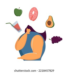 Organic vs junk food. Woman thinking over food. Vector illustration for lifestyle, healthcare, good or bad choice, diet, nutrition concept