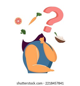 Organic vs junk food. Woman thinking over healthy or unhealthy food. Vector illustration for lifestyle, healthcare, good or bad choice, diet, nutrition concept
