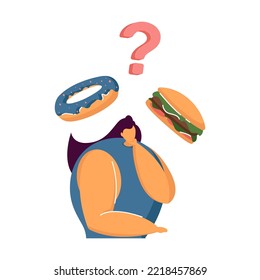 Organic vs junk food. Woman thinking over snack, choosing healthy or unhealthy food. Vector illustration for lifestyle, healthcare, good or bad choice, diet, nutrition concept