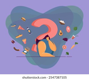 Orgánica vs comida chatarra. Mujer pensando en el refrigerio, eligiendo alimentos saludables o no saludables. Ilustración vectorial para el estilo de vida, cuidado de la salud, buena o mala elección, dieta, concepto de nutrición