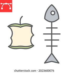 Organic Waste Color Line Icon, Apple Core And Fish Skeleton, Food Waste Vector Icon, Vector Graphics, Editable Stroke Filled Outline Sign, Eps 10