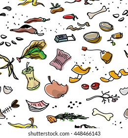 Organic waste colored seamless pattern on white background. Hand drawn pattern with black contour colored signs isolated on white background. Bio-waste, nature conservancy. Garbage sorting.