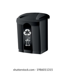 Contenedor de desechos orgánicos negros. Contenedor de basura aislado en fondo blanco con icono de reciclaje e icono de basura orgánica.