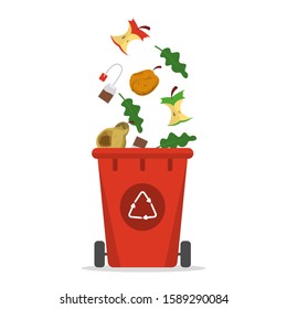 Organic waste falling in the trash bin vector isolated. Food garbage, apple core. Segregation of rubbish. Kitchen leftovers.