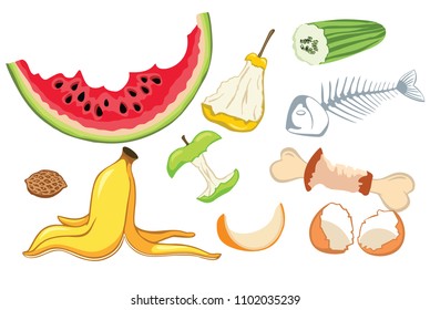 Organic waste, food compost collection isolated on white background. Banana and watermelon rind, fish bone and apple stump vector illustration