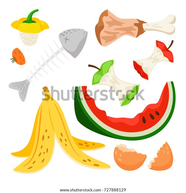 白い背景に有機性廃棄物 食品堆肥コレクション バナナとスイカの皮 魚の骨とリンゴの切り株のベクターイラスト のベクター画像素材 ロイヤリティフリー