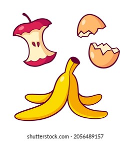 Organic waste, garbage for compost. Apple core, banana peel ans egg shells. Isolated vector clip art illustration. Simple cute cartoon style.