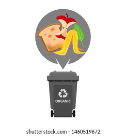 organic waste and grey recycling plastic bin isolated on white background, plastic bin and organic garbage, waste organic trash, illustration clip art bin, 3r garbage