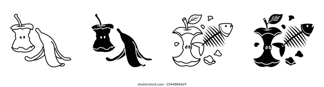 Organic waste icon collection in black and white filled and solid vector style.