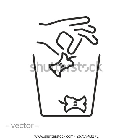 organic waste icon, hand throws apple core into trash can, thin line web symbol on white background - editable stroke vector illustration eps 10