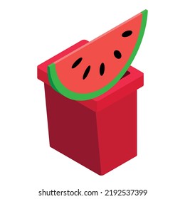Organic waste icon isometric vector. Slice of ripe red watermelon in trash can. Household waste, sorting and recycle garbage
