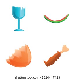 Ícones de resíduos orgânicos configuram o vetor de desenhos animados. Resíduos alimentares e domésticos. Ecologia, cuidado ambiental