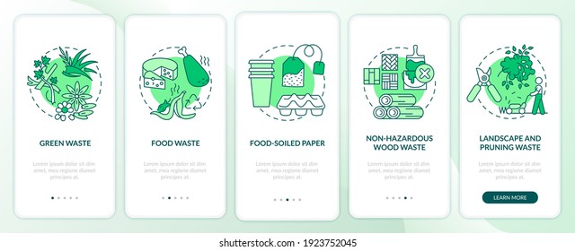 Organic waste kinds onboarding mobile app page screen with concepts. Green, food-soiled, wood waste walkthrough 5 steps graphic instructions. UI vector template with RGB color illustrations
