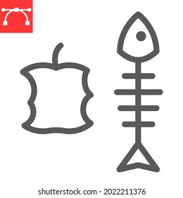 Organic Waste Line Icon, Apple Core And Fish Skeleton, Food Waste Vector Icon, Vector Graphics, Editable Stroke Outline Sign, Eps 10