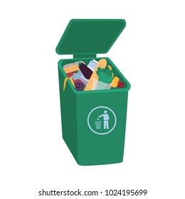 Organic Waste Lying In Open Green Trash Container. Leftover Food In Dumpster Isolated On White Background. Fruits, Vegetables, Bread And Other Edible Products In Garbage Bin. Flat Vector Illustration.