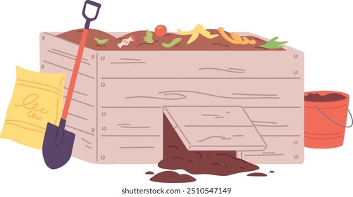 Organic waste pile in wooden box color icon isolated on white background