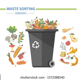 Organic waste recycling - modern flat design style illustration. Recyclable litter, food scraps, kitchen slops, rotten vegetables, fruit and a special black bin. Eco lifestyle, garbage sorting concept