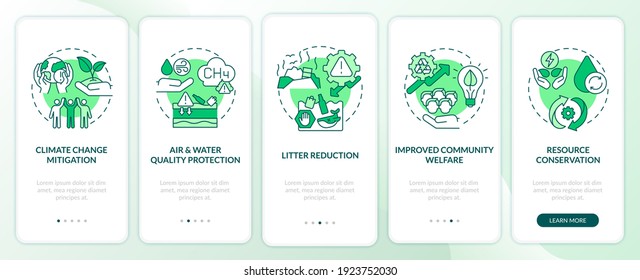 Organic waste reducing onboarding mobile app page screen with concepts. Climate change, community welfare walkthrough 5 steps graphic instructions. UI vector template with RGB color illustrations