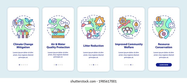 Organic waste reduction benefits onboarding mobile app page screen with concepts. Climate change mitigation walkthrough 5 steps graphic instructions. UI vector template with RGB color illustrations