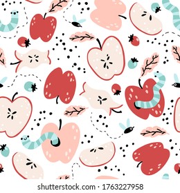 Organic waste. Seamless pattern with worms, flies, fruits, berries. Natural colorful composting in a simple cartoon hand-drawn background. Funny illustration.