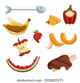 Organic Waste Set, f Biodegradable Materials Such As Food Scraps, And Plant-based Products, Ready For Composting Or Recycling. Fish Bone, Watermelon, Banana or Orange Peel. Cartoon Vector Illustration