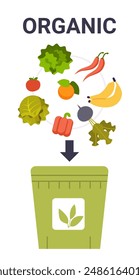 Organic waste sorting concept with vegetables fruits green bin arrow flat colorful design eco-friendly waste management recycling