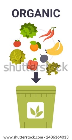 Organic waste sorting concept with vegetables fruits green bin arrow flat colorful design eco-friendly waste management recycling