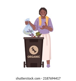 Organic waste sorting and separating, isolated woman throwing meal or products leftovers. Recycling and ecology care, food scraps. Flat cartoon, vector in flat style