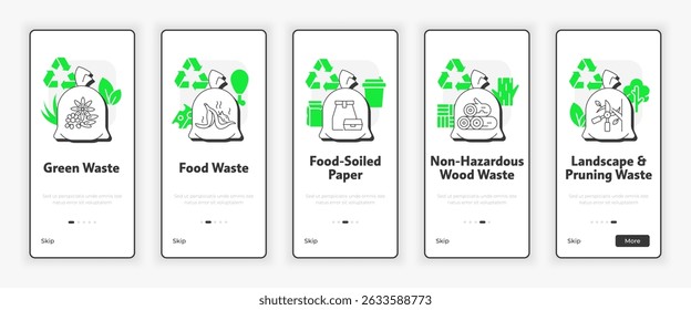 Resíduos orgânicos do ecrã móvel de bordo. Ilustração de UX de resíduos de madeira verde, alimentar e não perigoso. Ícones de estilo de estrutura de tópicos plana com ênfase verde