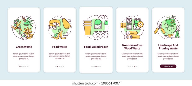 Organic waste types onboarding mobile app page screen with concepts. Green, food, non-hazardous wood waste walkthrough 5 steps graphic instructions. UI vector template with RGB color illustrations