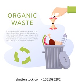 Organic waste vector illustration. Food garbage - apple stump, fish bones, eggshell, meat, watermelon. Recycling ecology problem isolate on white background objects collection.