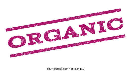 Organic watermark stamp. Text caption between parallel lines with grunge design style. Rubber seal stamp with scratched texture. Vector purple color ink imprint on a white background.