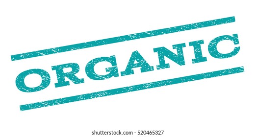 Organic watermark stamp. Text tag between parallel lines with grunge design style. Rubber seal stamp with unclean texture. Vector cyan color ink imprint on a white background.