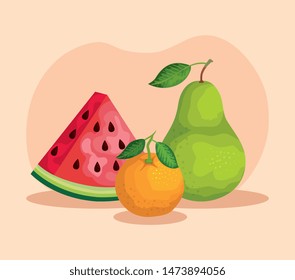 organic watermelon with orange and pear fruits