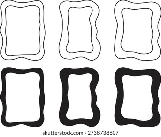 Organic wavy frame icon set with abstract irregular borders in outline and solid styles. Hand drawn fluid shapes for photos, posters, or creative layouts. Minimal distorted frame collection isolated.