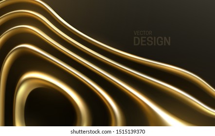 Organic wavy golden stripes. Abstract 3d background. Vector realistic illustration. Diffuse reaction pattern. Jewelry decoration. Luxury ornament. Modern cover design. Banner template