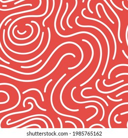 Organic Wavy Line Seamless Vector Pattern. White Flowing Doodle Line Work Illustration On Vibrant Red Background. Abstract Movement, Flow Repeat Background Wallpaper Texture In Modern Minimalist Style